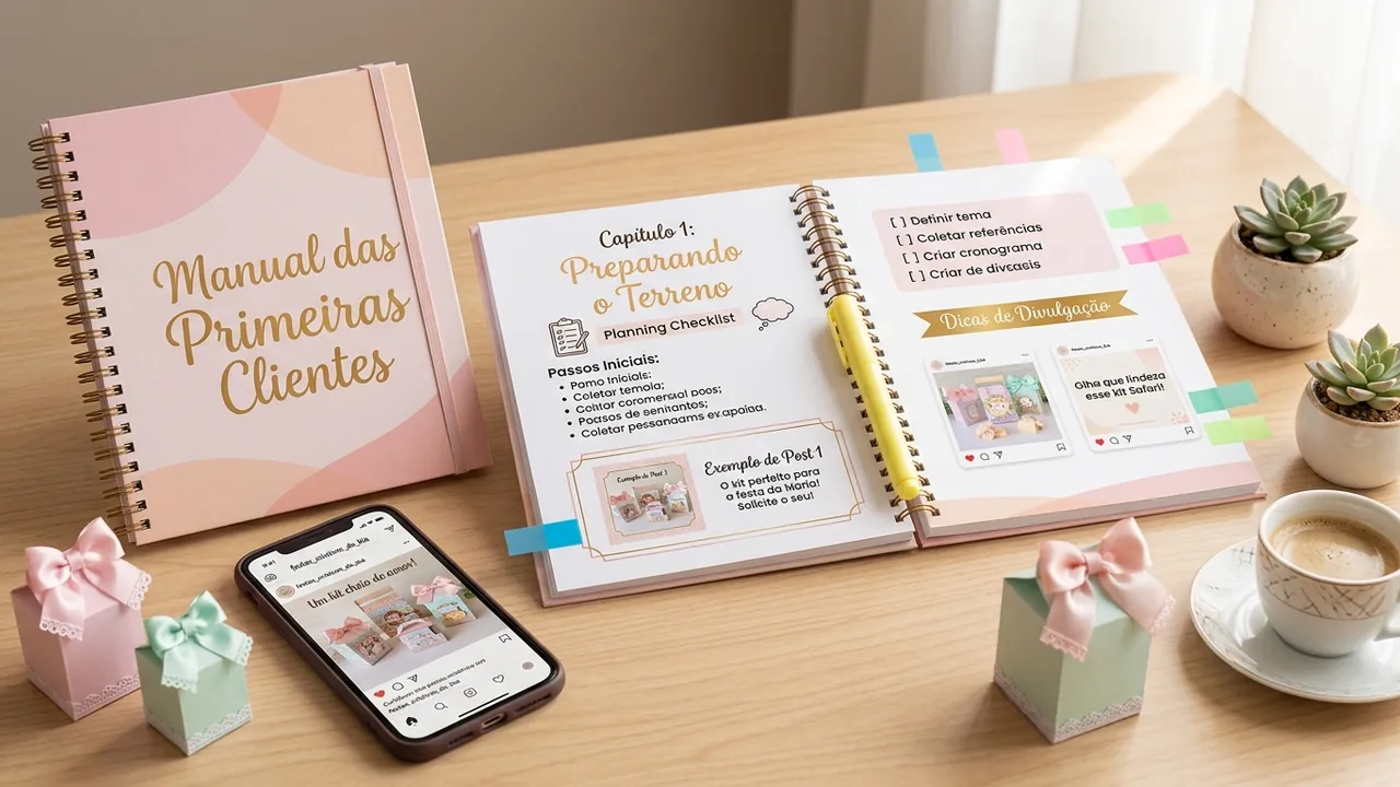 Manual das Primeiras Clientes impresso, aberto com checklist e dicas de divulgação, ao lado de caixinhas personalizadas