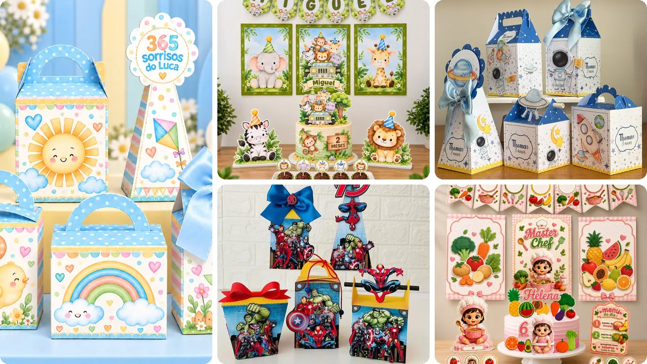 Kits festa e caixas personalizadas em vários temas, montados com nome e idade