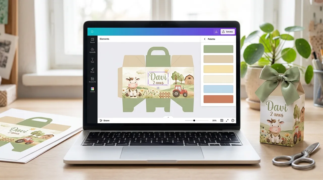 Notebook com molde de caixa milk tema fazendinha aberto para edição no Canva, ao lado da caixa já impressa e montada